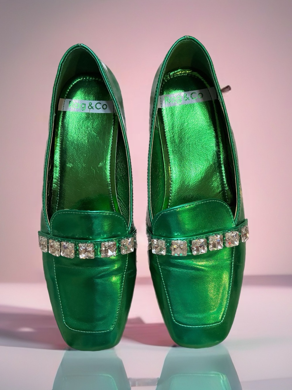 Rag & Co Lucky Green Metallic Jewel-Trim Women's Loafers Size 8